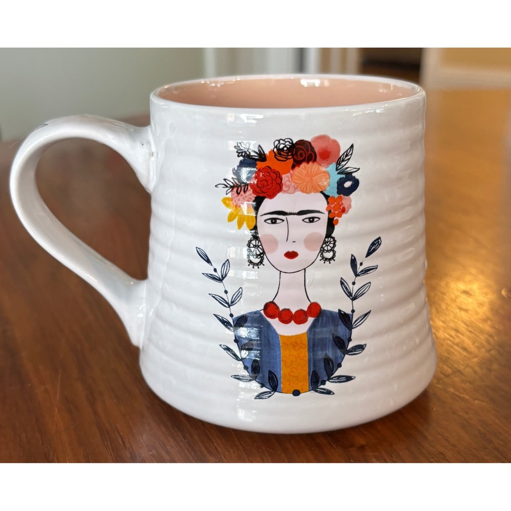 Prima Design Frida Kahlo Ceramic Coffee Mug White Ribbed Floral Artist Portrait